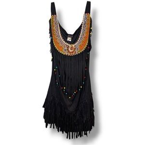 Dreamgirl Size XL Black Sleeveless Beaded Scoop Neckline Fringe Mini Dress